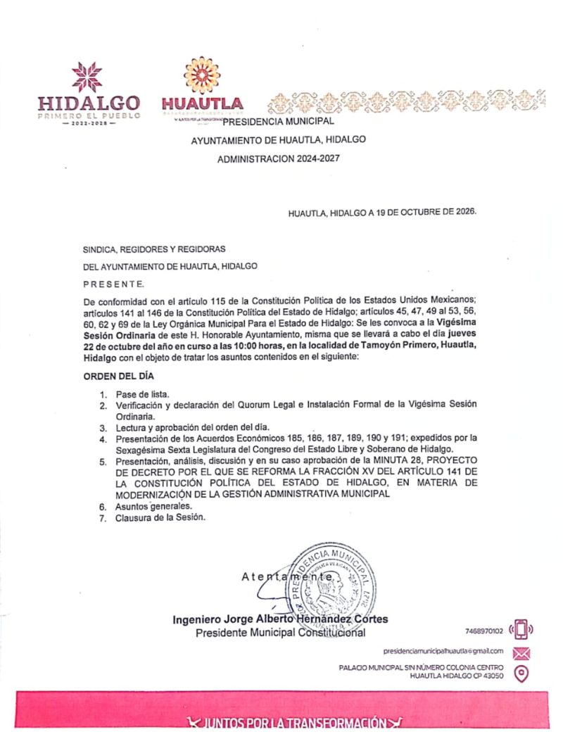 Se les convoca a la Vigésima Sesión Ordinaria de este H. Honorable Ayuntamiento. 22/10/2026