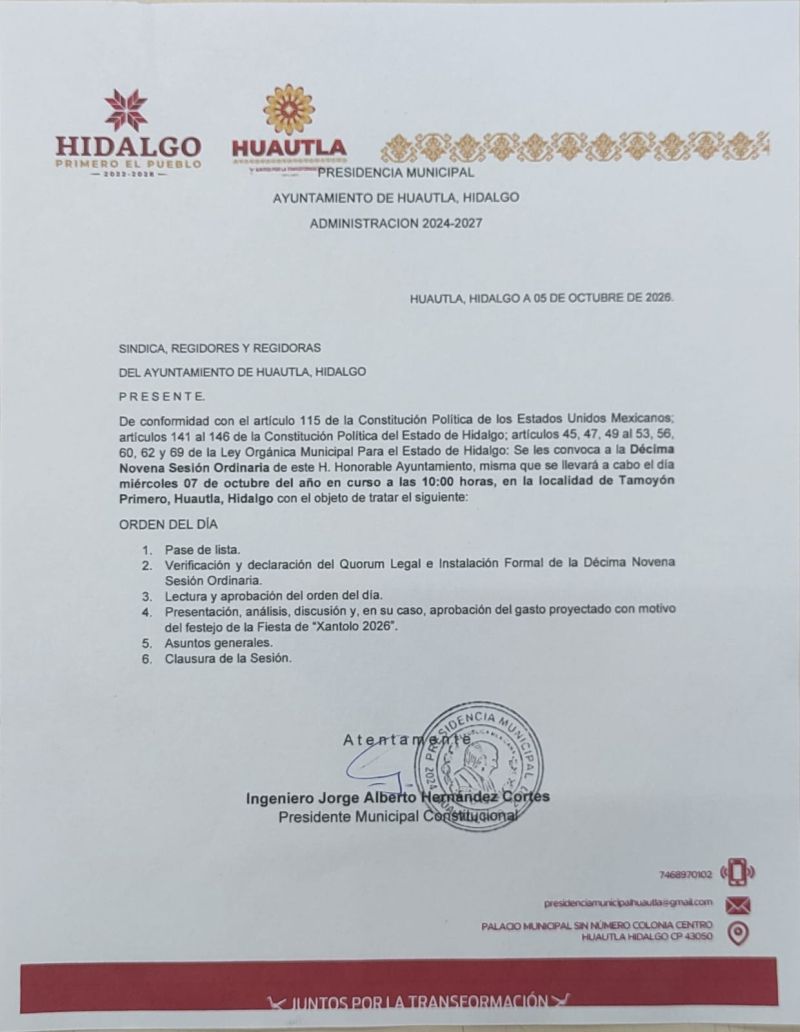 Se les convoca a la Décima Novena Sesión Ordinaria de este H.  Honorable Ayuntamiento