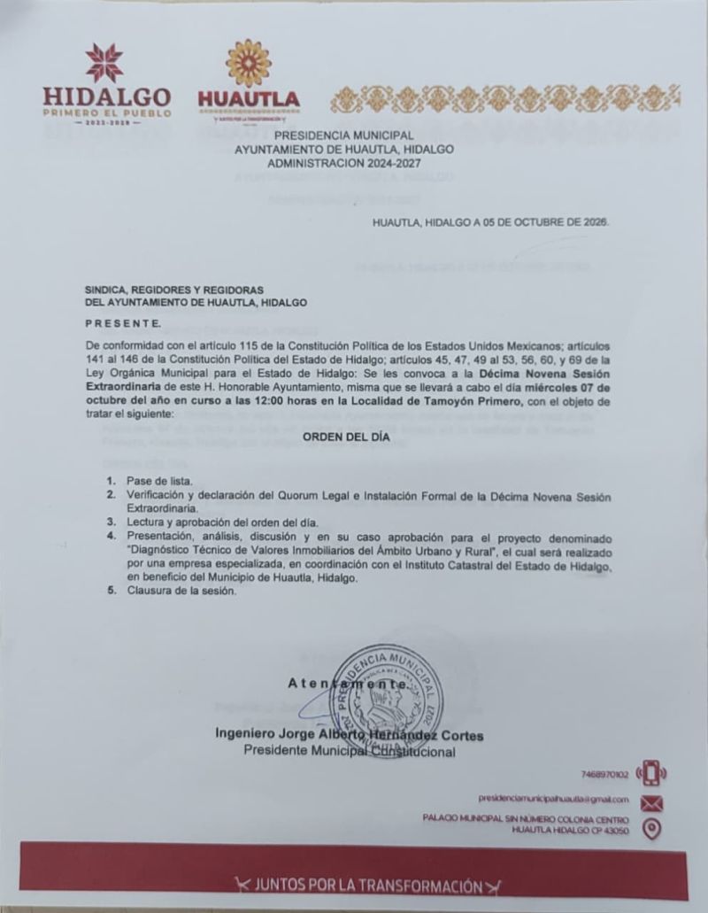 Se les convoca a la Décima Novena Sesión Extraordinaria de este H.  Honorable Ayuntamiento